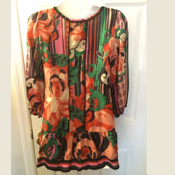 Anthro ODILLE Minted Melon Silk Blouse Lace Trim Colorful Top Shirt Pink Green - Picture 8 of 8